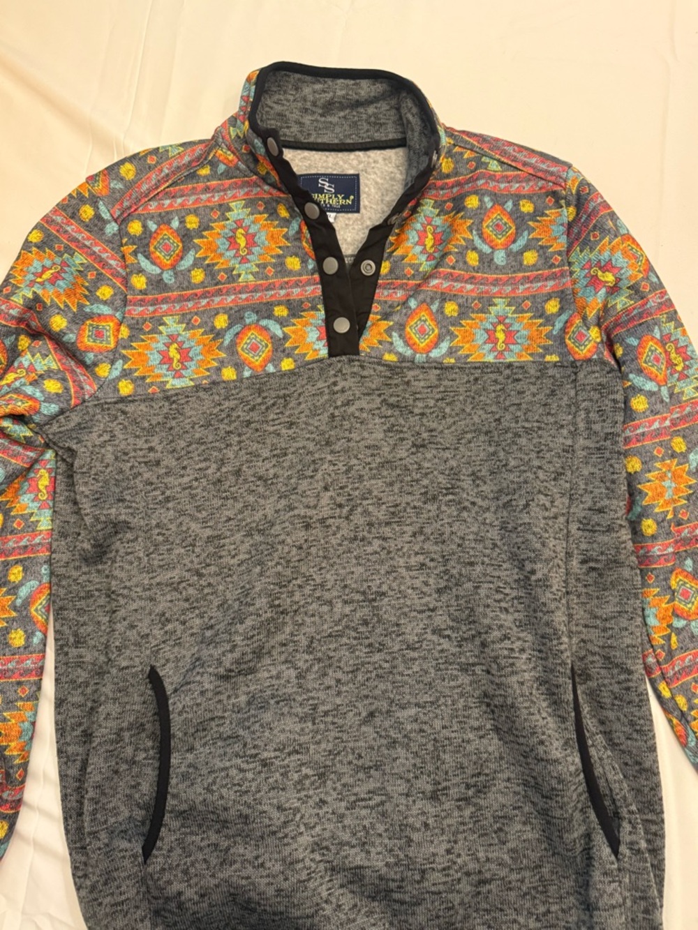 Simply Southern Gray Pullover Sweatshirt with Multicolor Aztec Yoke